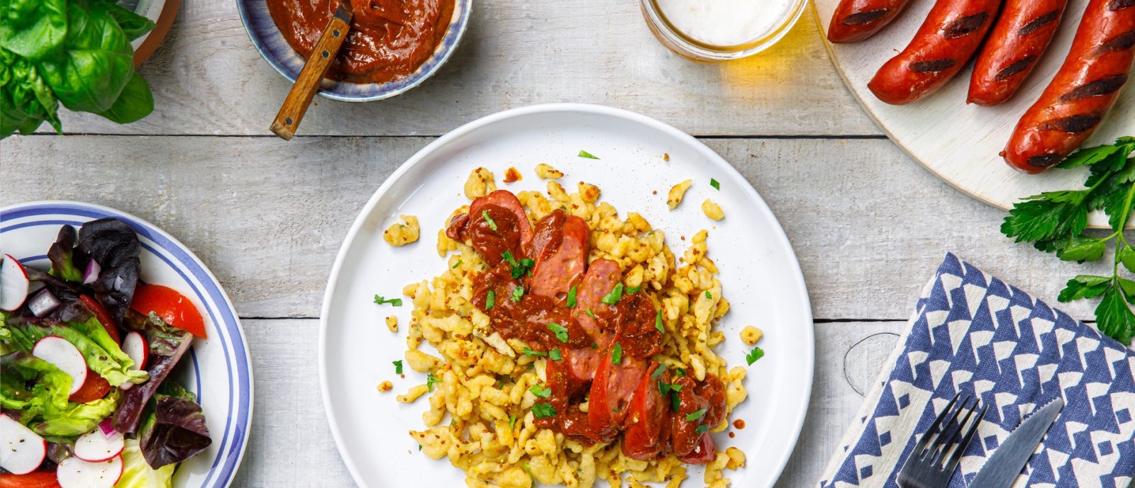 Belgian Beer & Smoked Gouda Smokies with Curry Ketchup and Crispy Spätzle - Grimms Fine Foods