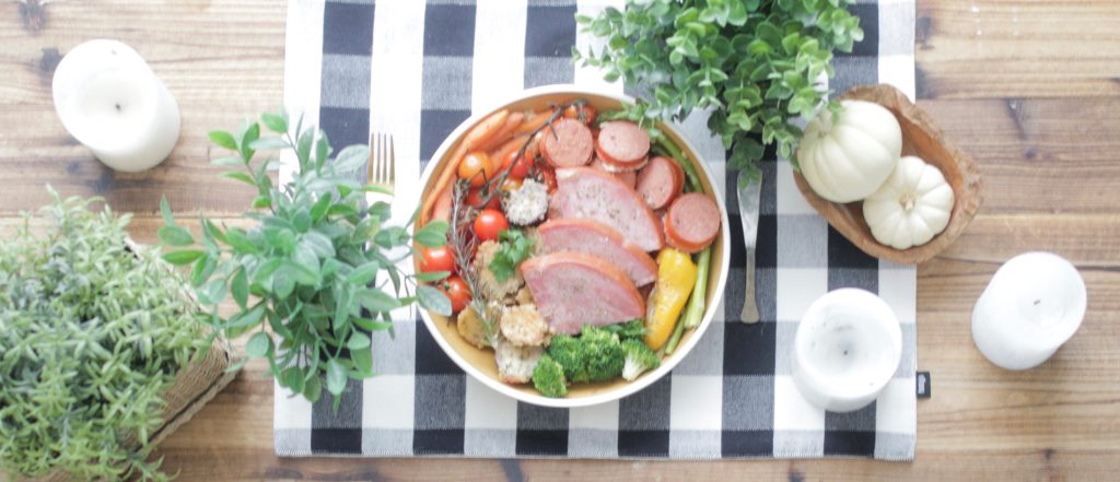 Easy Honey Ham Steak & Garlic Sausage Sheet Pan Meal