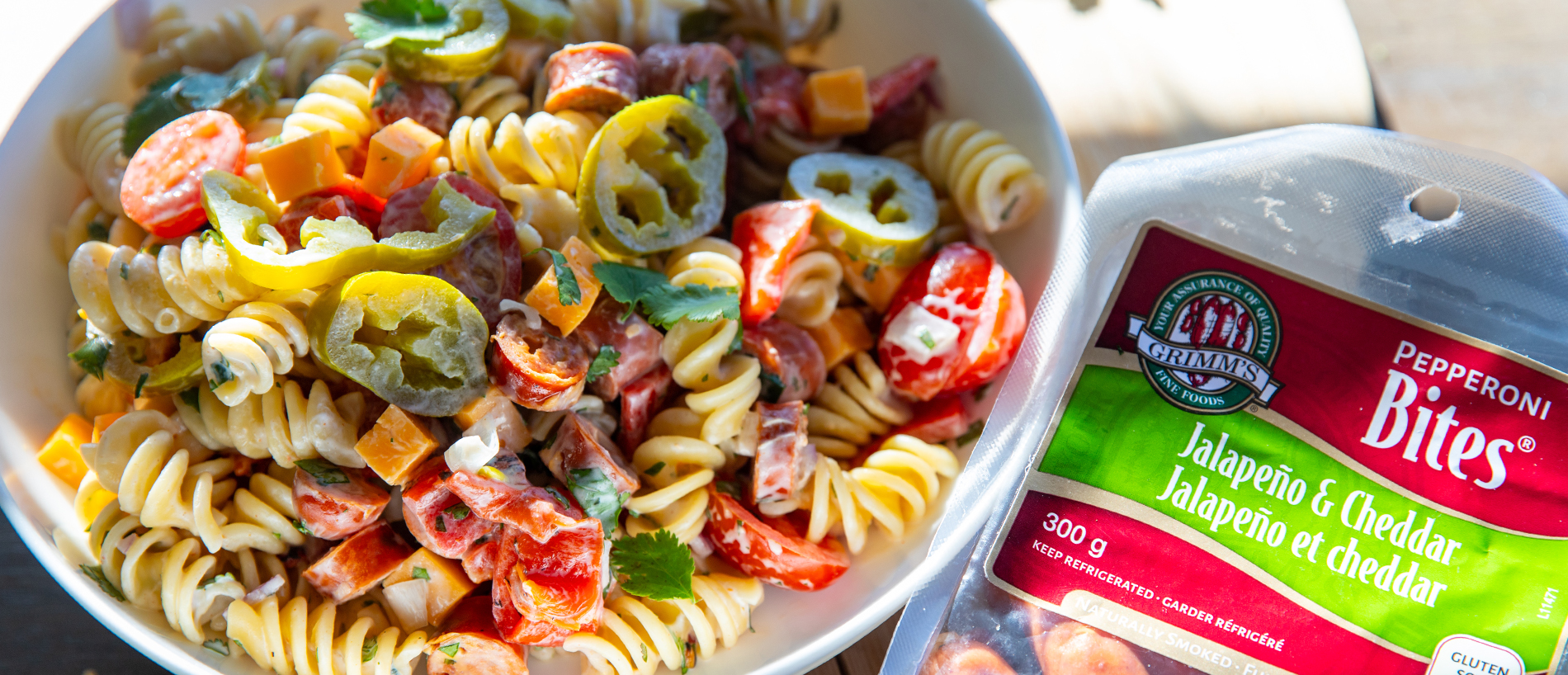 Pasta Salad with Jalapeño & Cheddar Pepperoni Bites Grimms Fine Foods