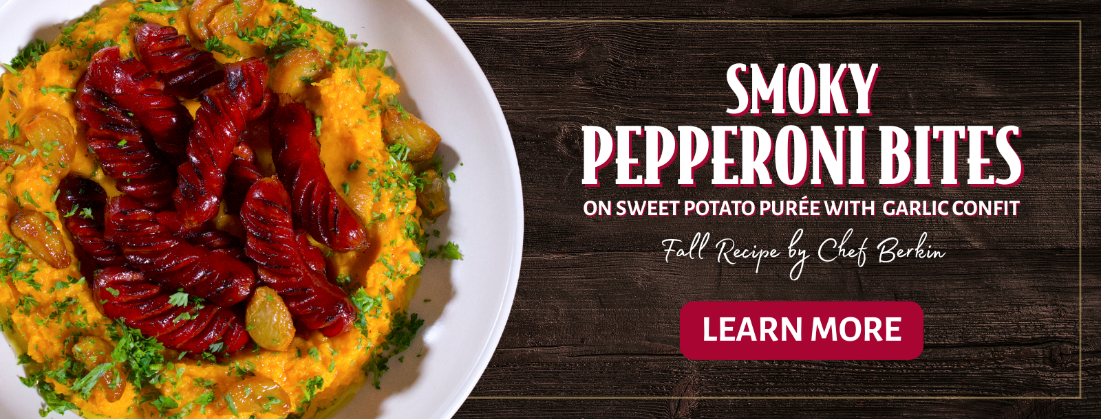 Smoky Pepperoni Bites on Sweet Potato Puree with Garlic Confit