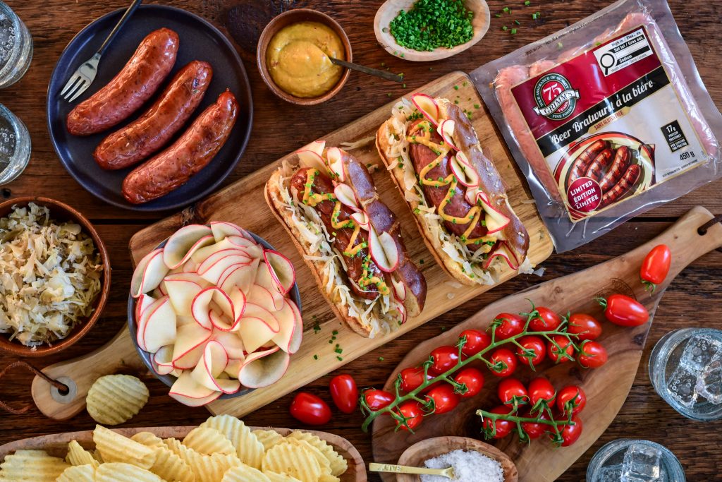 Charcoal-Grilled Beer Bratwurst with Pickled Apples and Sauerkraut